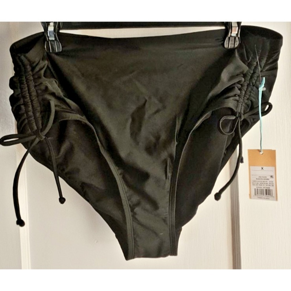 NWT Kona Sol Bikini bottom hight waist tie ruched sides black Sz X